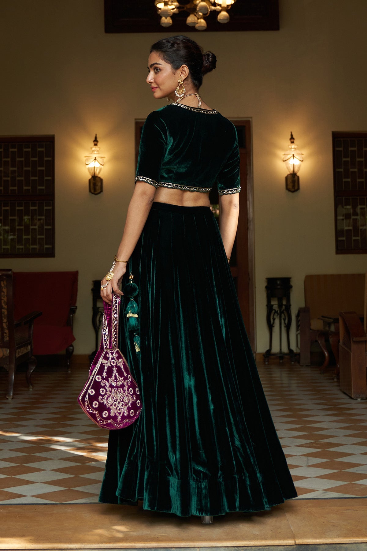 Zooni green velvet  embroidered lehenga with blouse and deep orchid shawl ( set of 3)