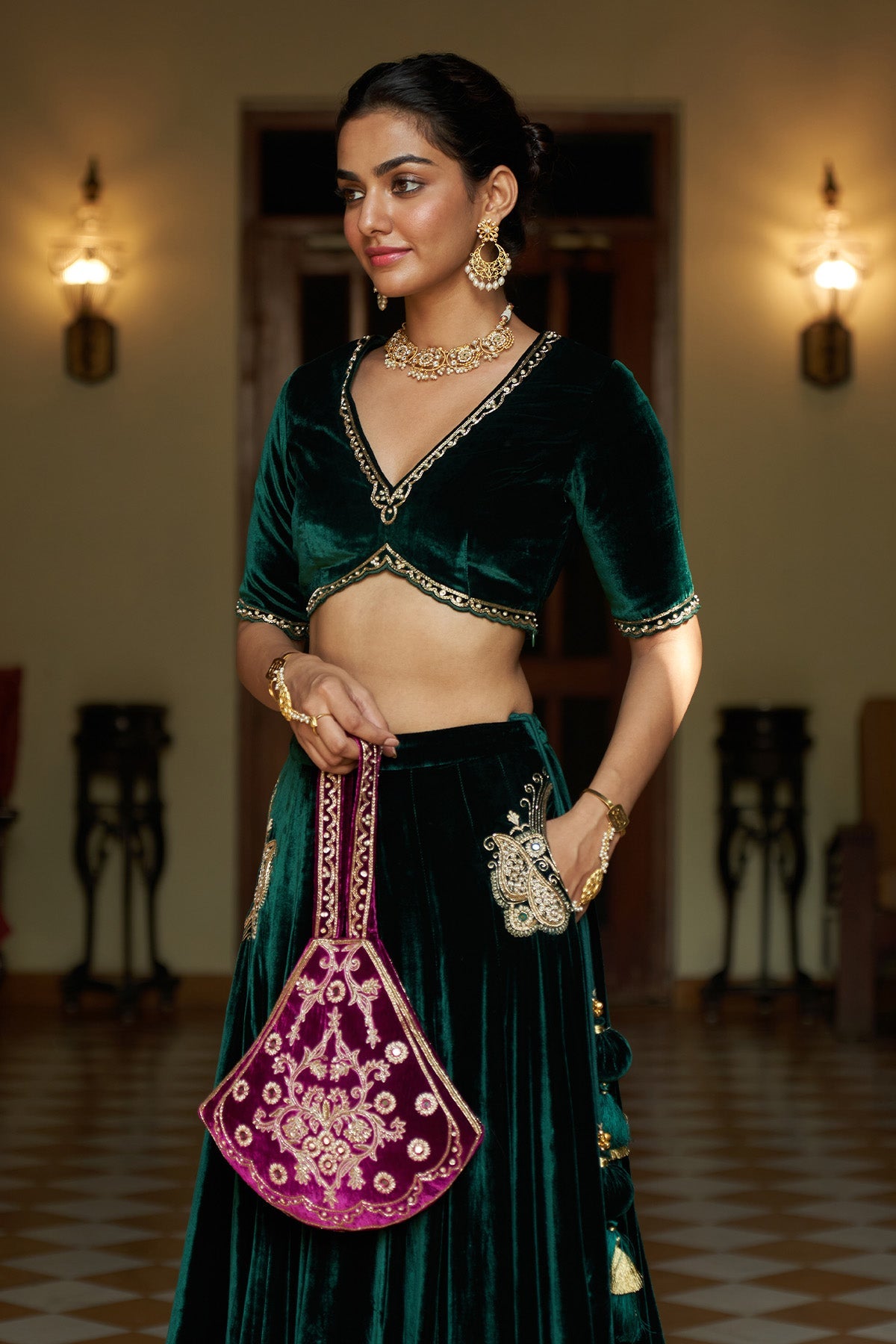 Zooni green velvet  embroidered lehenga with blouse and deep orchid shawl ( set of 3)