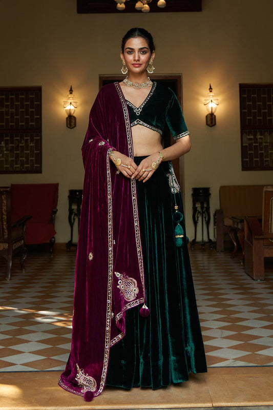 Zooni green velvet  embroidered lehenga with blouse and deep orchid shawl ( set of 3)