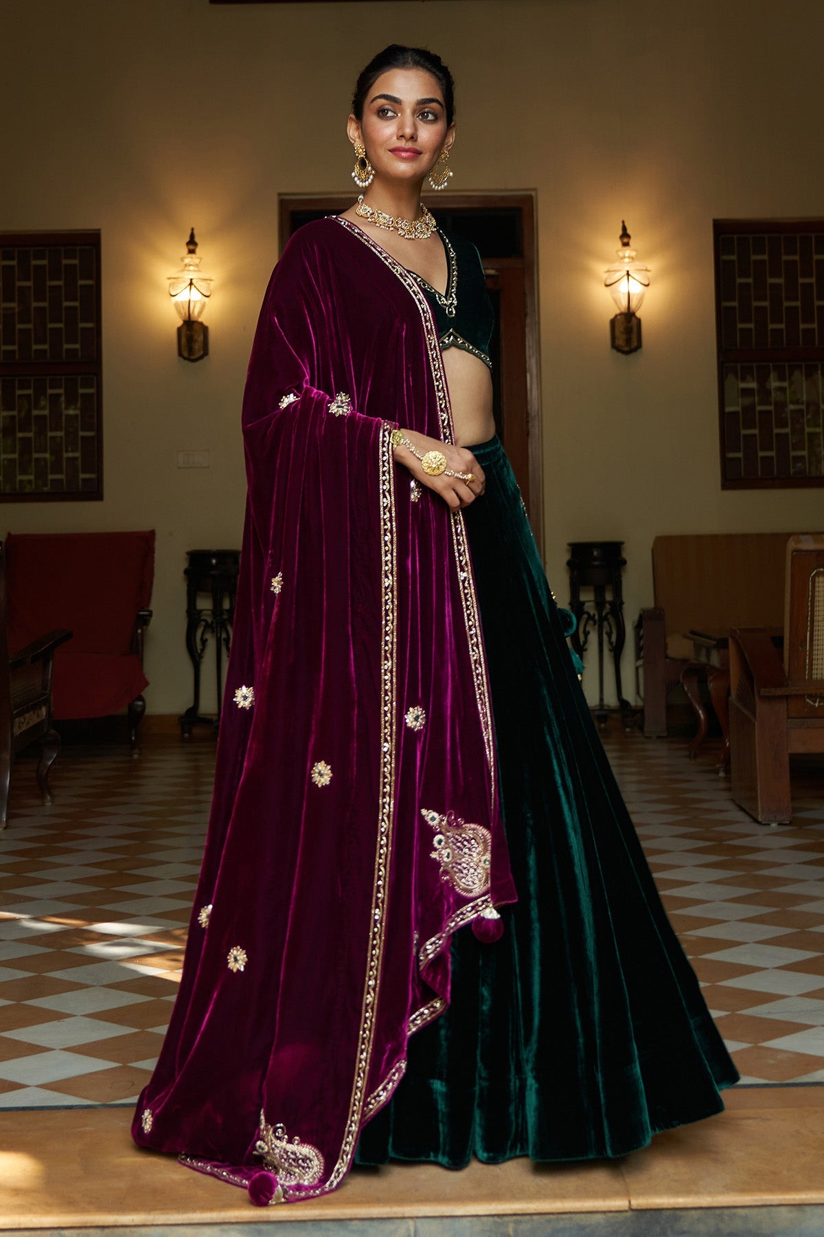 Zooni green velvet  embroidered lehenga with blouse and deep orchid shawl ( set of 3)