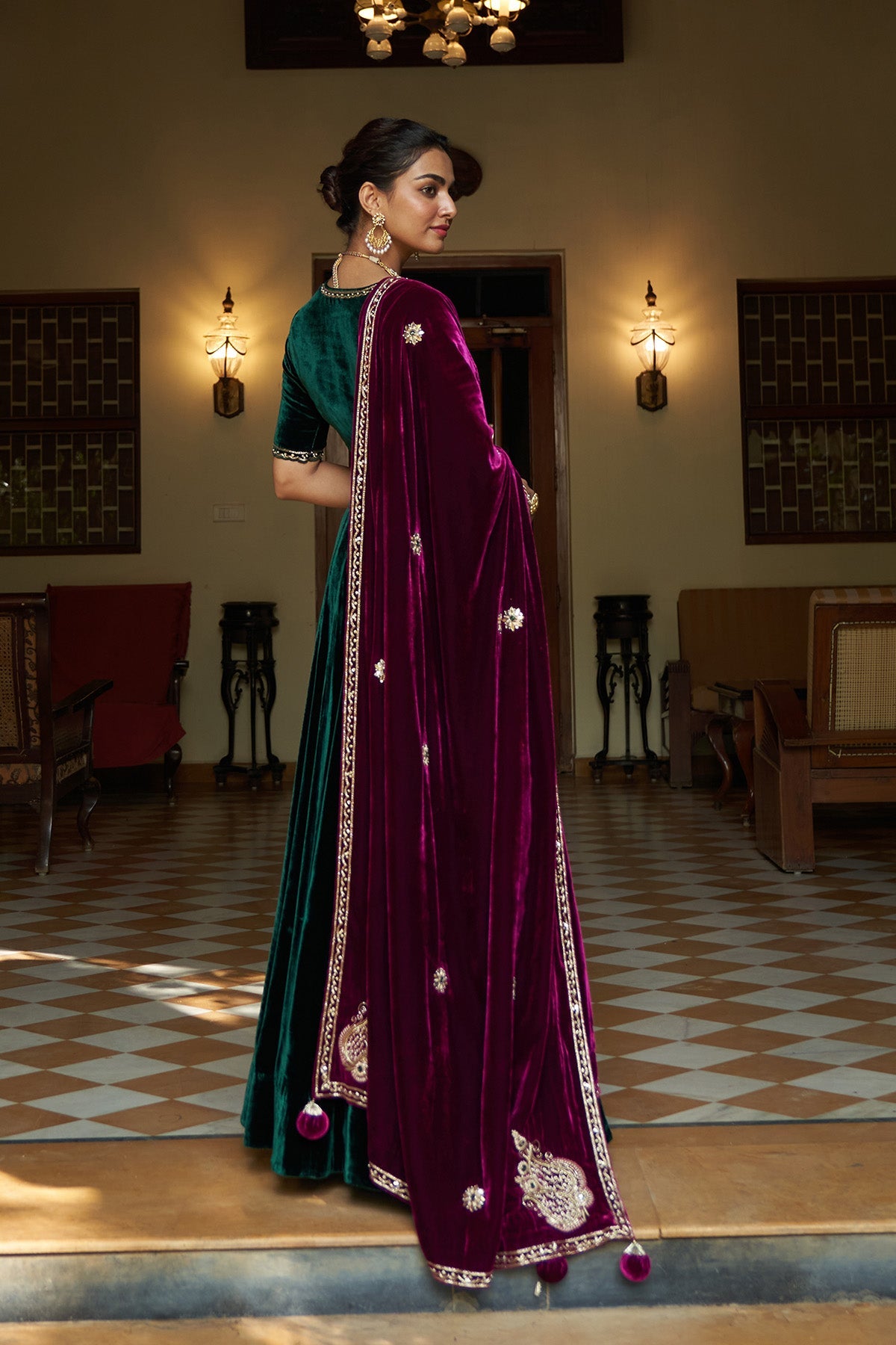 Zooni green velvet  embroidered lehenga with blouse and deep orchid shawl ( set of 3)