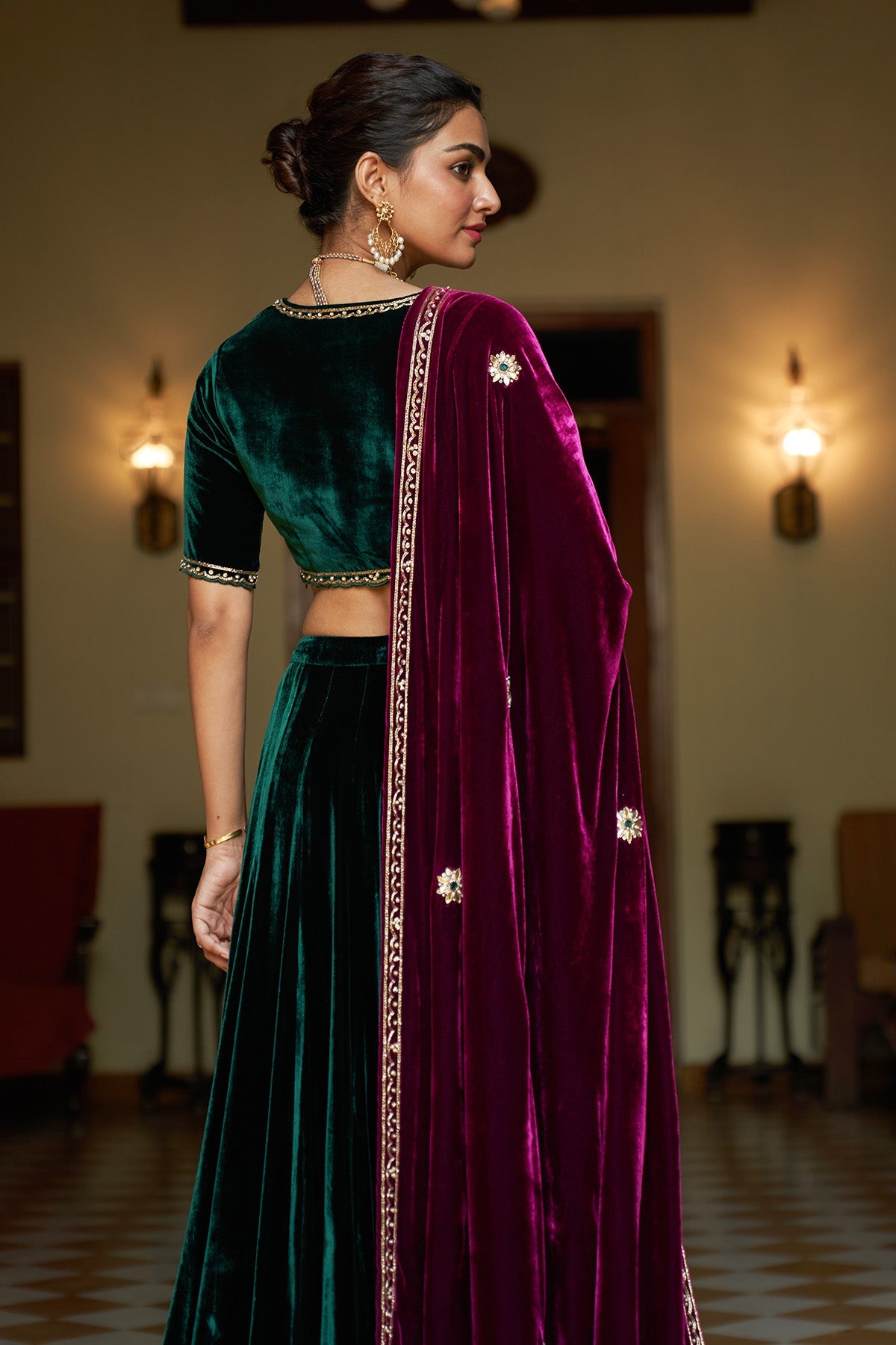 Zooni green velvet  embroidered lehenga with blouse and deep orchid shawl ( set of 3)