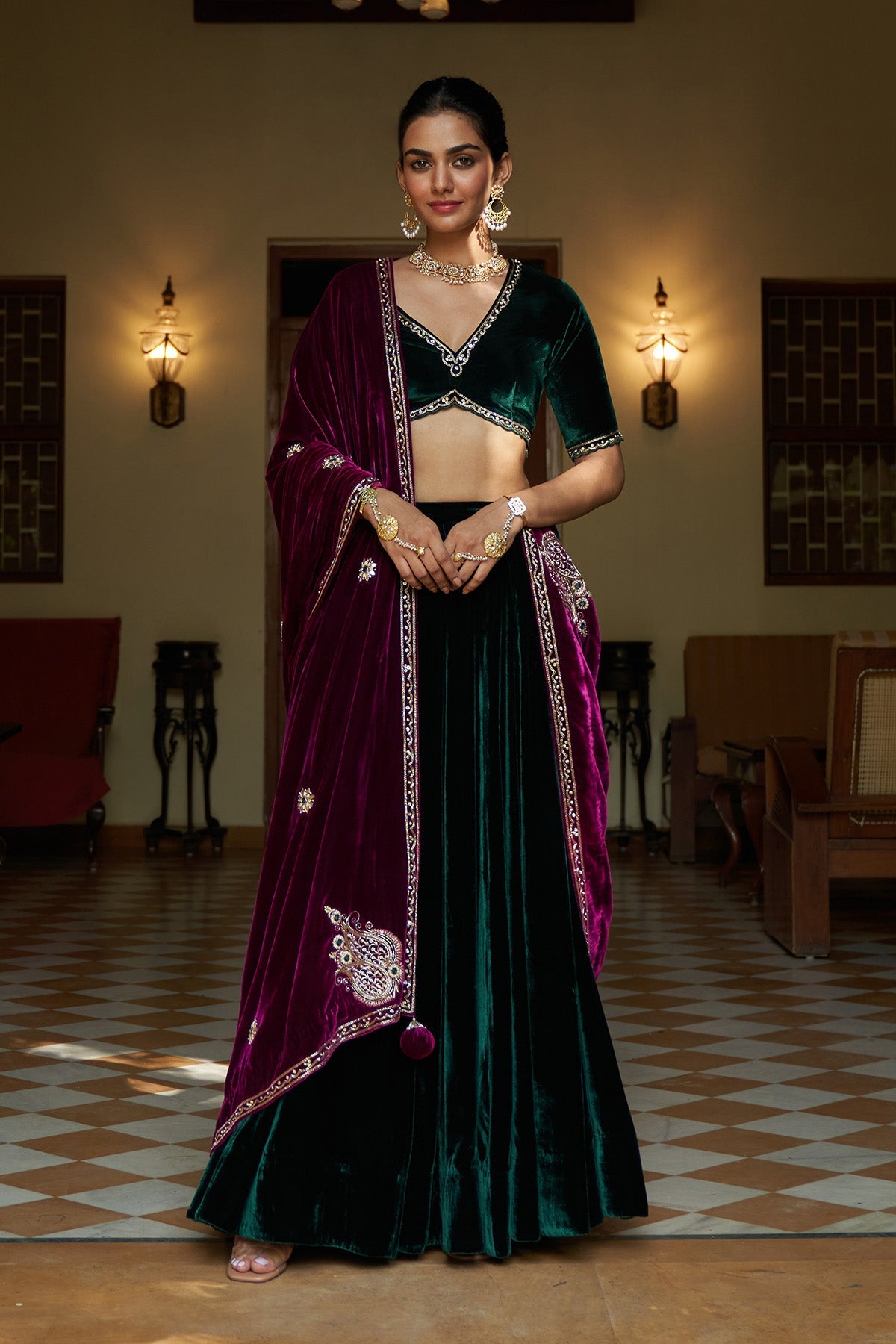 Zooni green velvet  embroidered lehenga with blouse and deep orchid shawl ( set of 3)