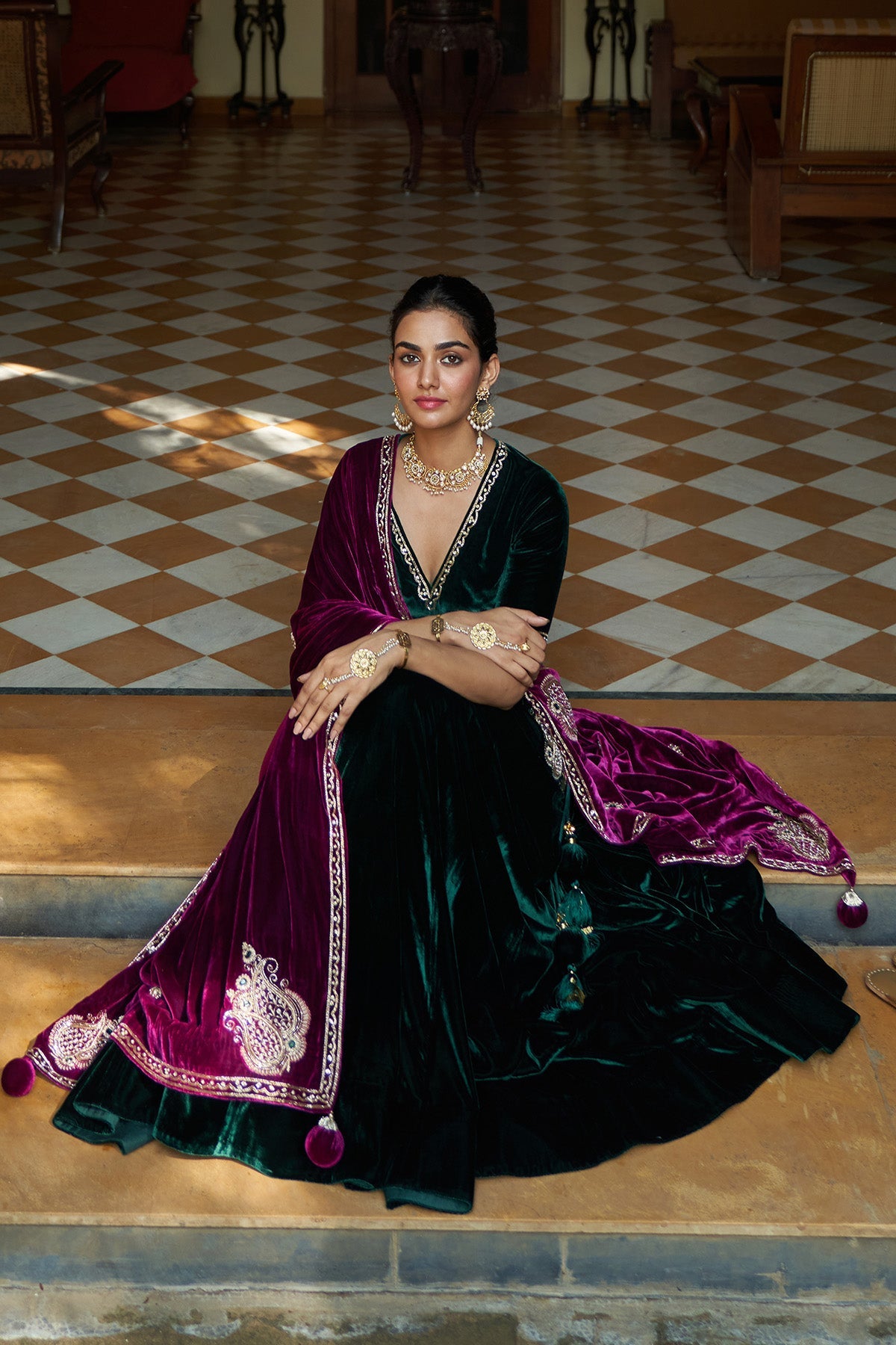 Zooni green velvet  embroidered lehenga with blouse and deep orchid shawl ( set of 3)