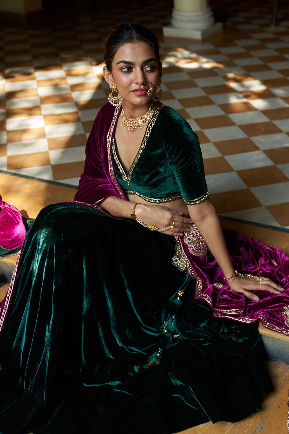 Zooni green velvet  embroidered lehenga with blouse and deep orchid shawl ( set of 3)