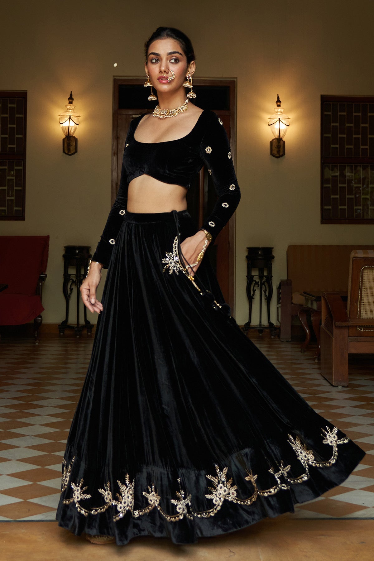 Zooni Black velvet lehenga with blouse and shawl ( set of 3)