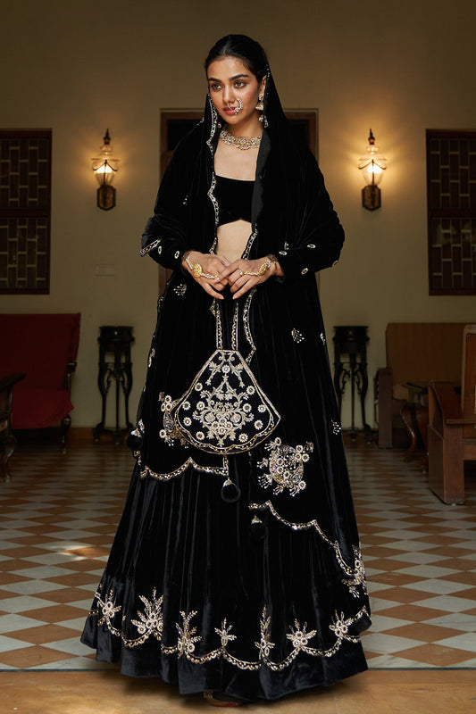 Zooni Black velvet lehenga with blouse and shawl ( set of 3)