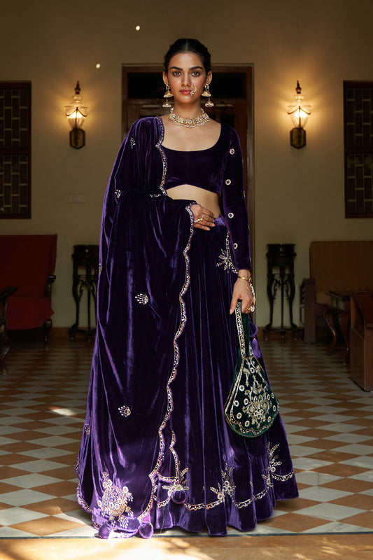 Zooni Purple velvet lehenga with blouse and shawl ( set of 3)
