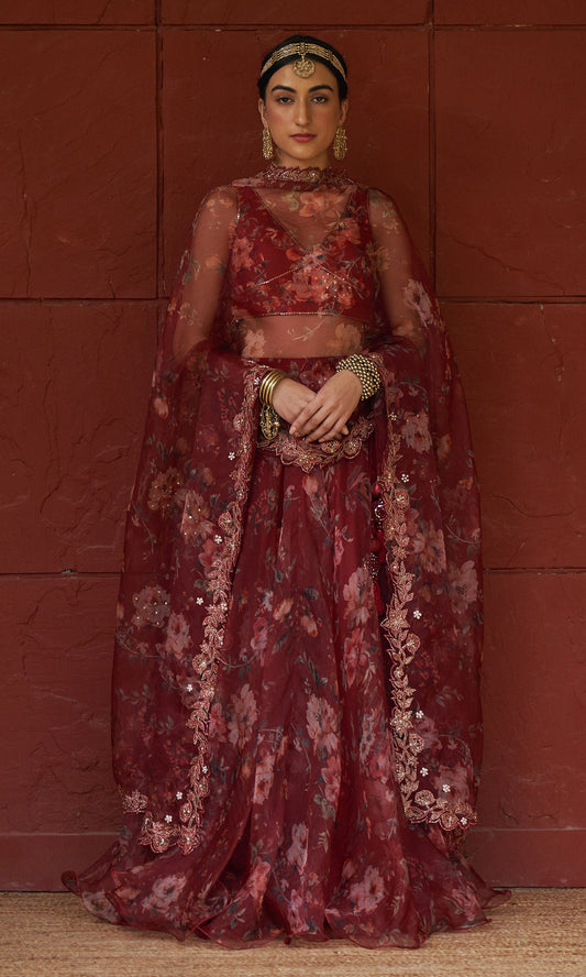 Bagh - Red Floral Printed Lehenga Set - set of 3