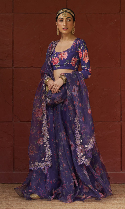 Bagh - Purple Floral Printed Lehenga Set - set of 3