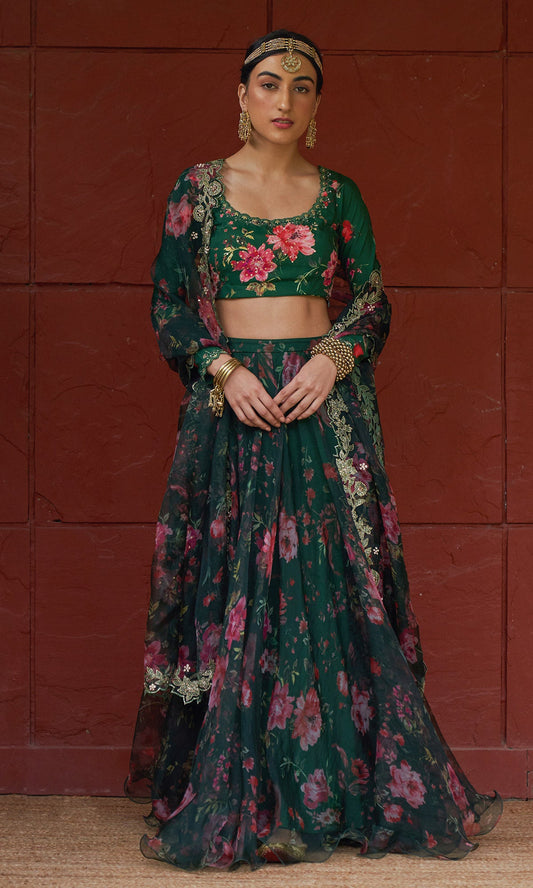 Bagh - Green Floral Printed Lehenga Set - set of 3