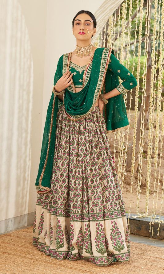 Mirzya - Mughal Printed Lehenga with embroidered blouse and dupatta - set of 3