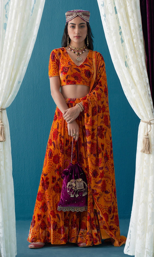Khizaan Chintz Mustard Velvet Lehenga Set With Shawl  Set Of 3