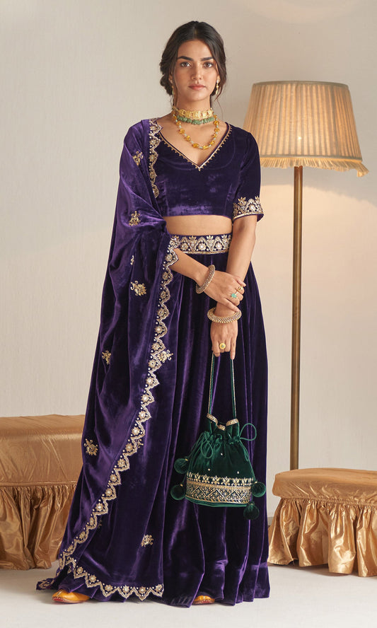 Khizaan Embroidered  Purple velvet Lehenga set with scalloped shawl   Set of 3