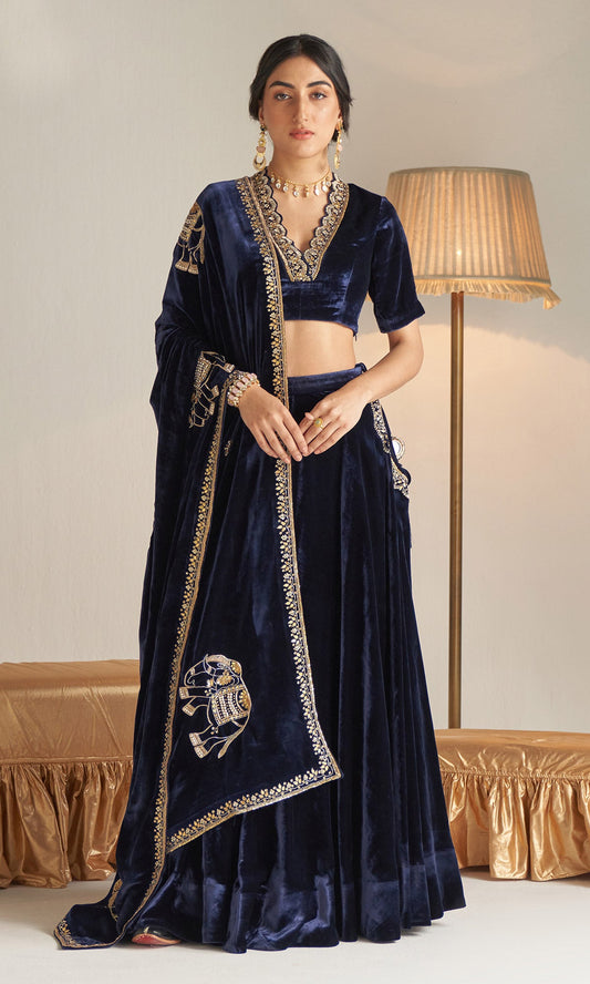 Khizaan Embroidered Midnight Blue velvet Lehenga with blouse and shawl