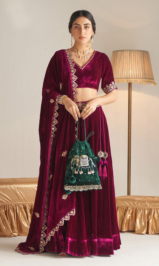 Khizaan Embroidered Orchid velvet Lehenga set with scalloped shawl set of 3