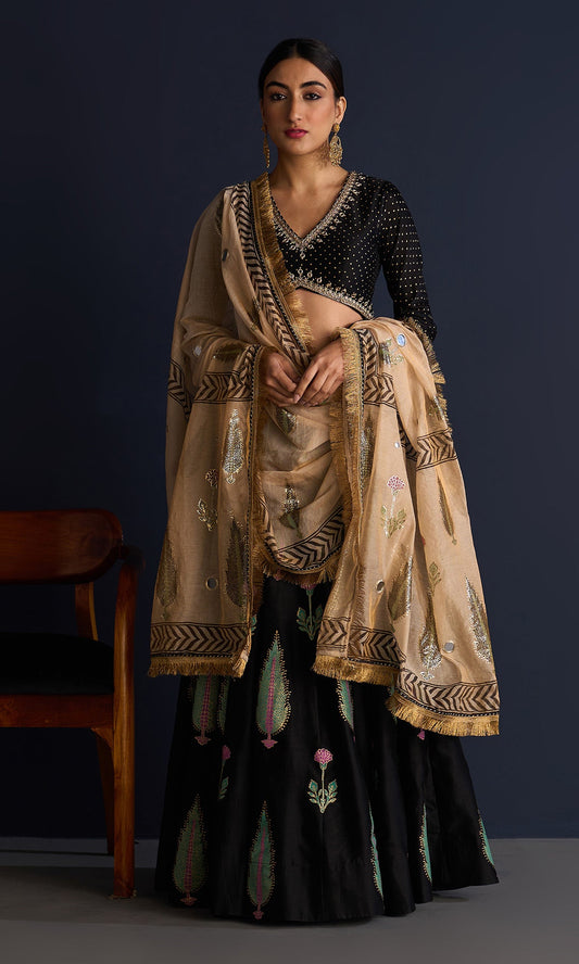 Rasiya Block  Print Black Lehenga With Blouse And Tissue Dupatta (Set Of 3)