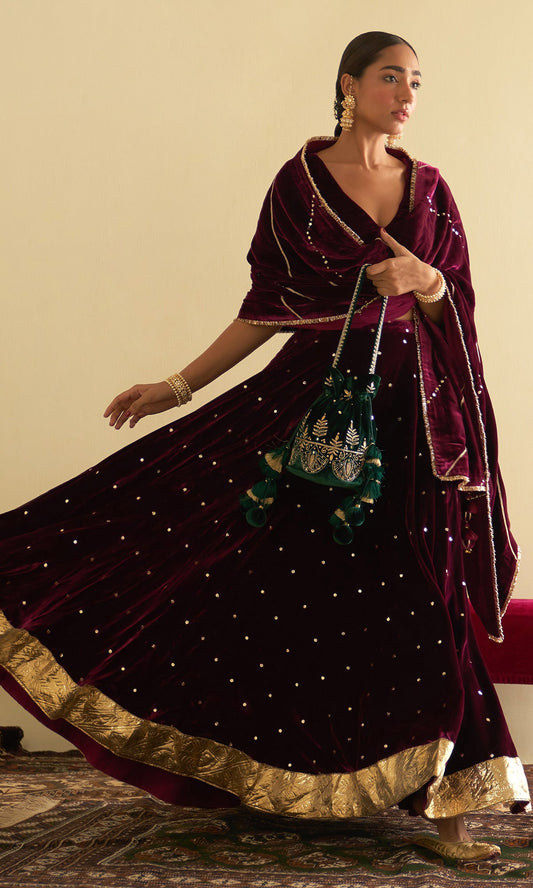 Sufiya Velvet Deep Orchid Embroidered Mukaish lehenga with velvet blouse and shawl (set of 3)
