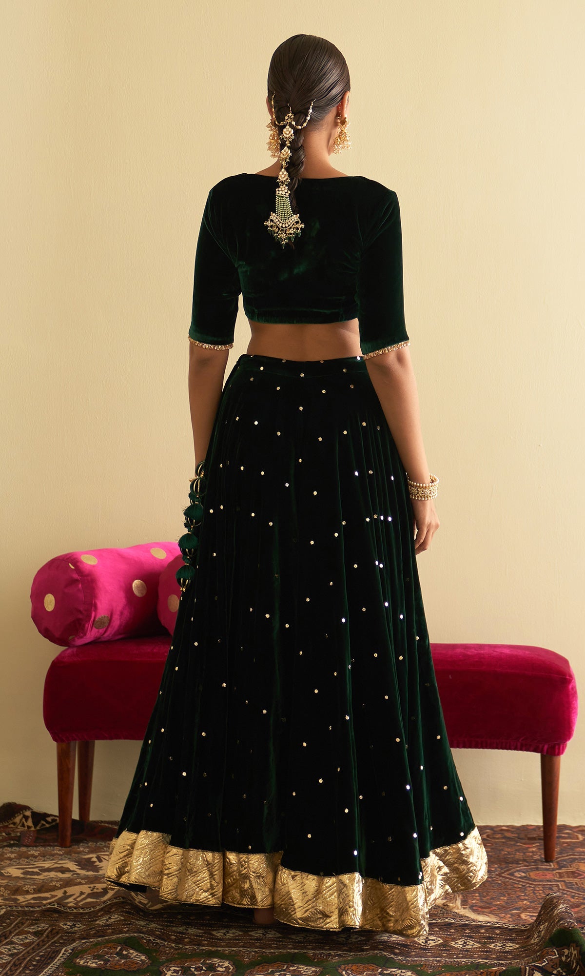 Sufiya Velvet Green Embroidered Mukaish lehenga with velvet blouse and shawl (set of 3)