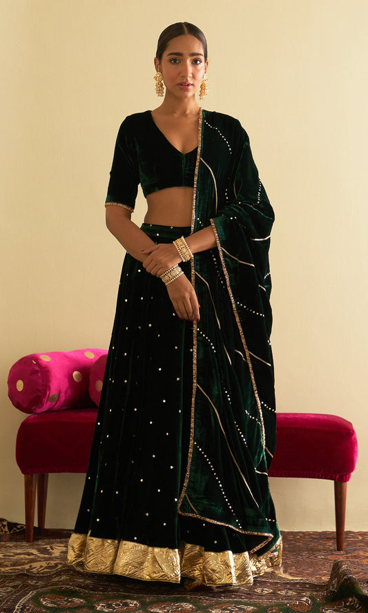 Sufiya Velvet Green Embroidered Mukaish lehenga with velvet blouse and shawl (set of 3)