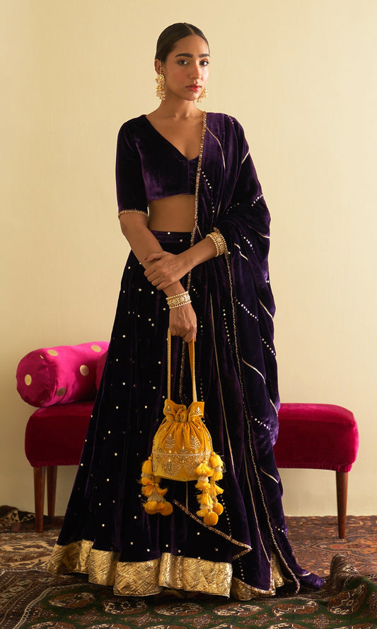 Sufiya Velvet Purple Embroidered Mukaish lehenga with velvet blouse and shawl (set of 3)
