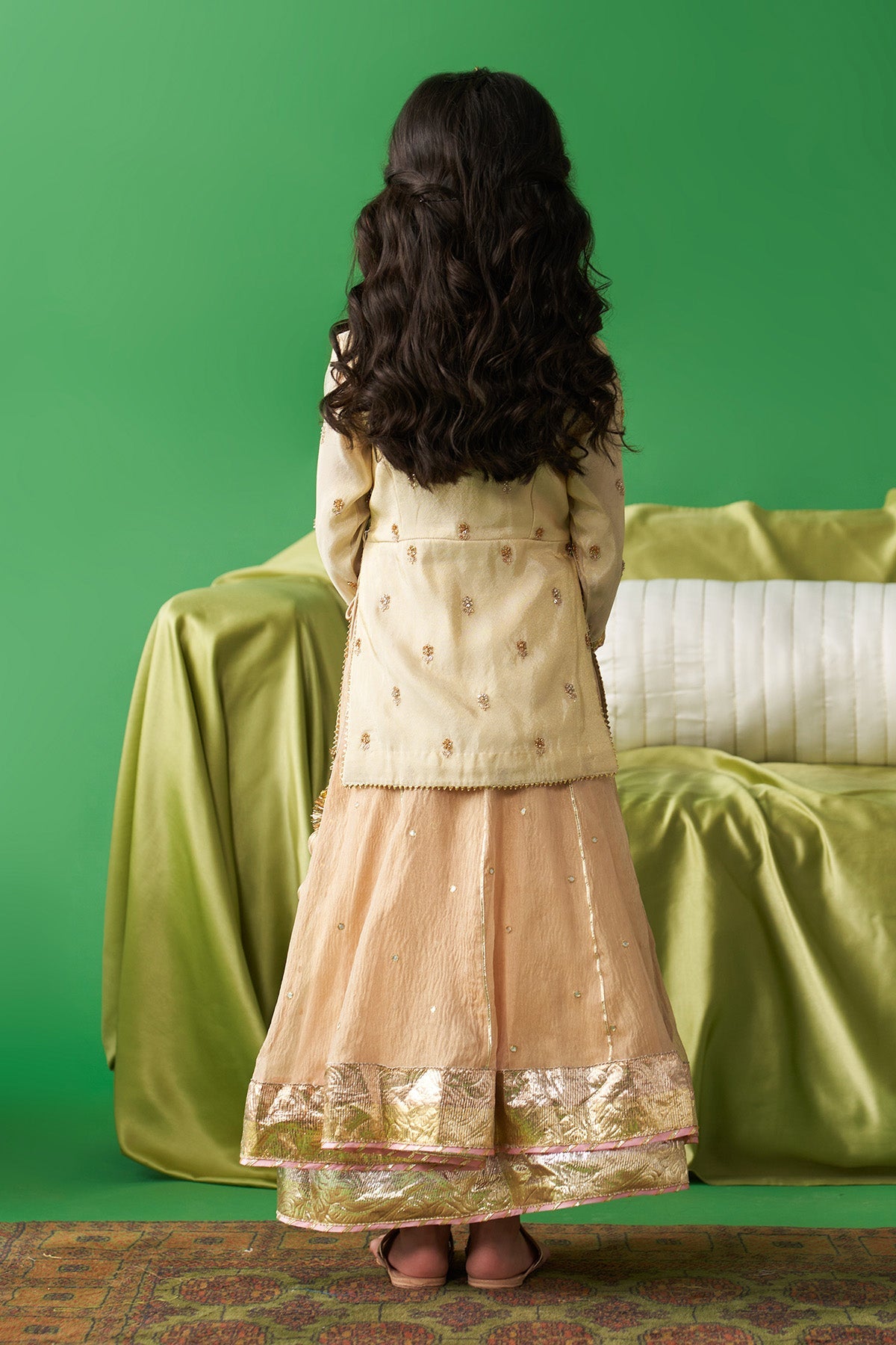 Jhoom gold Short kurti with tissue gold lehenga and dupatta (set  of 3)
