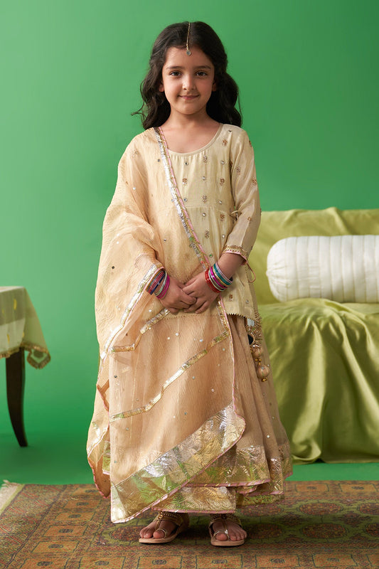Jhoom gold Short kurti with tissue gold lehenga and dupatta (set  of 3)