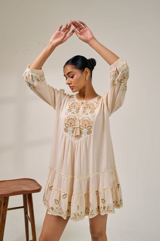 Nazaakat Meher Beige Bloom Embroidered Dress