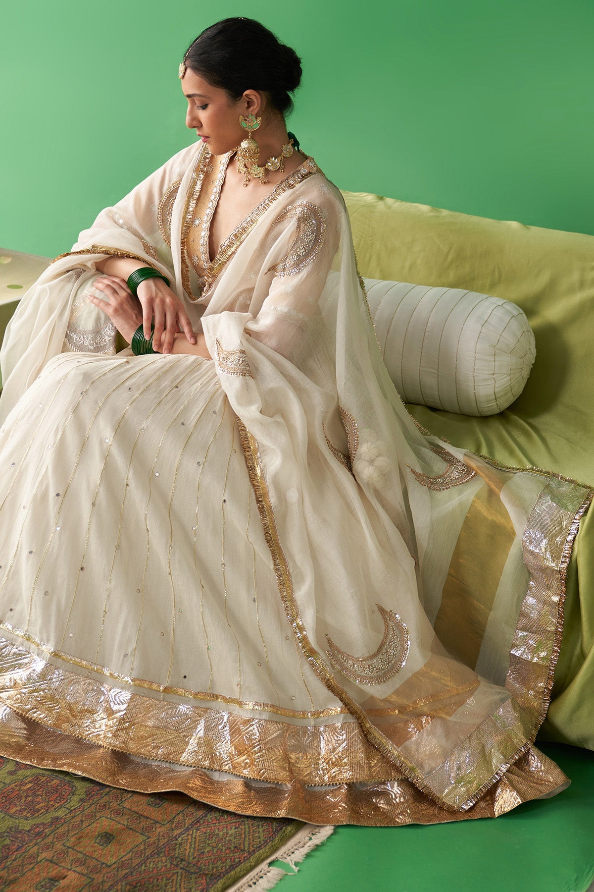 Jhoom Ivory double layer lehenga with embroidered blouse and chaand dupatta (set of 3)