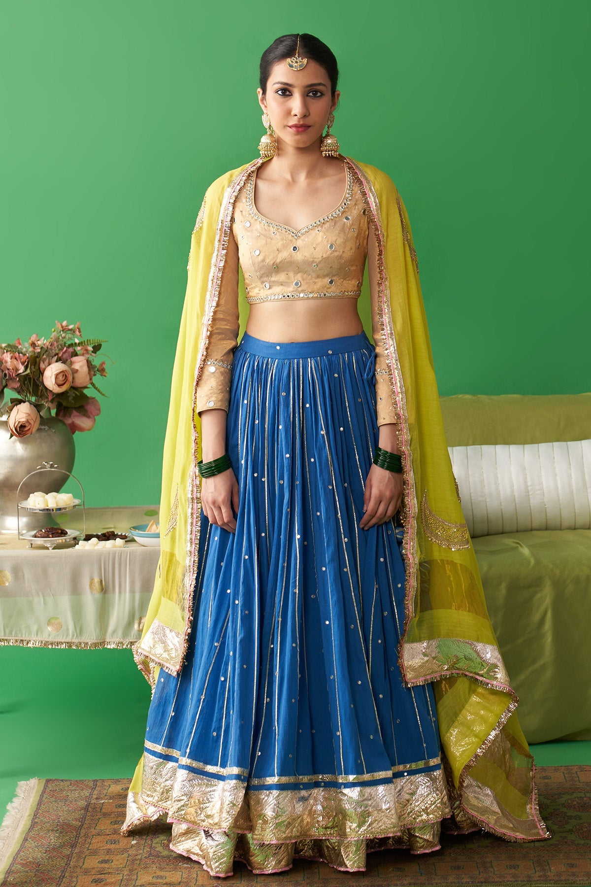 Jhoom Cobalt Blue double layer lehenga with embroidered gold blouse and embroidered chand dupatta (set of 3)