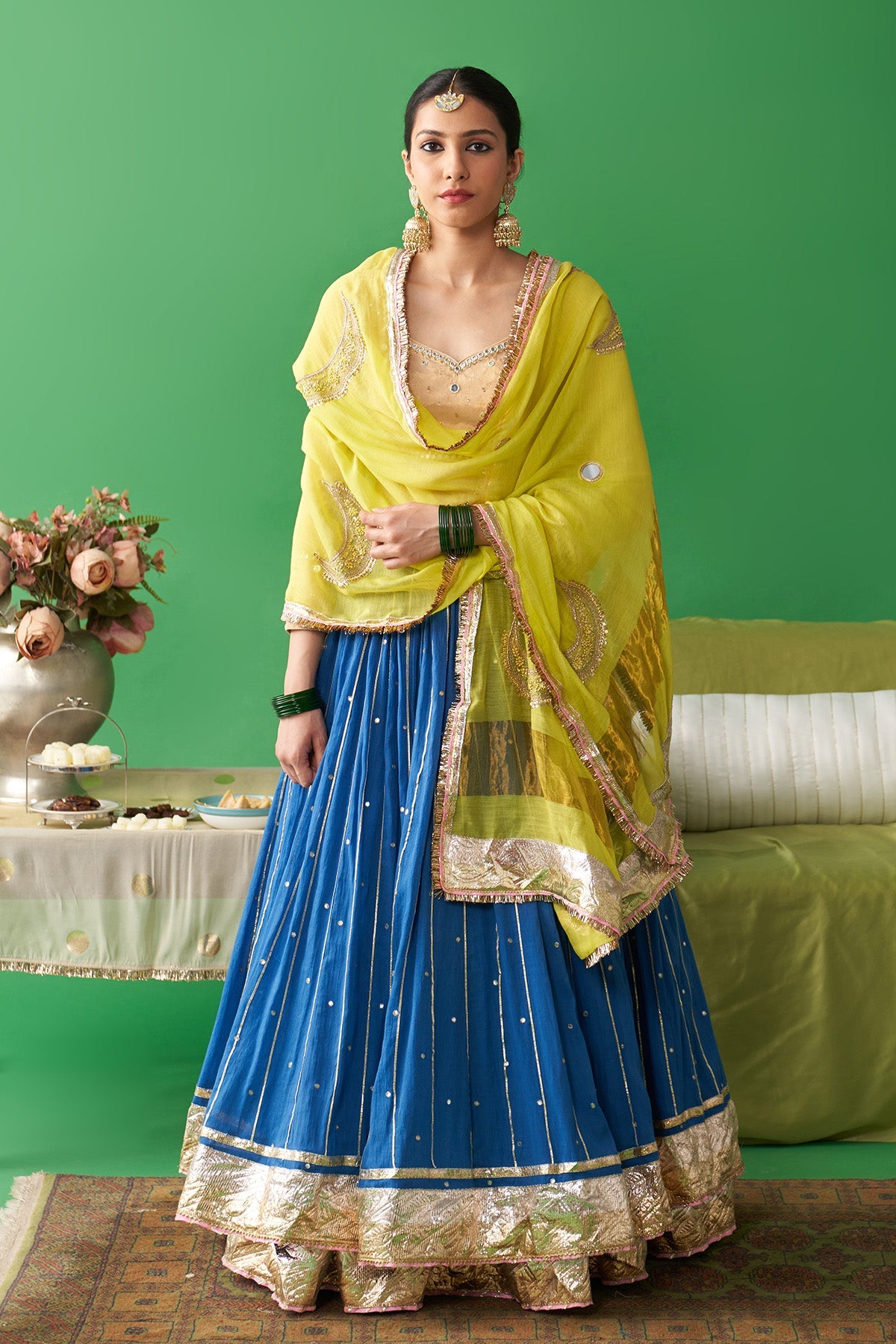 Jhoom Cobalt Blue double layer lehenga with embroidered gold blouse and embroidered chand dupatta (set of 3)
