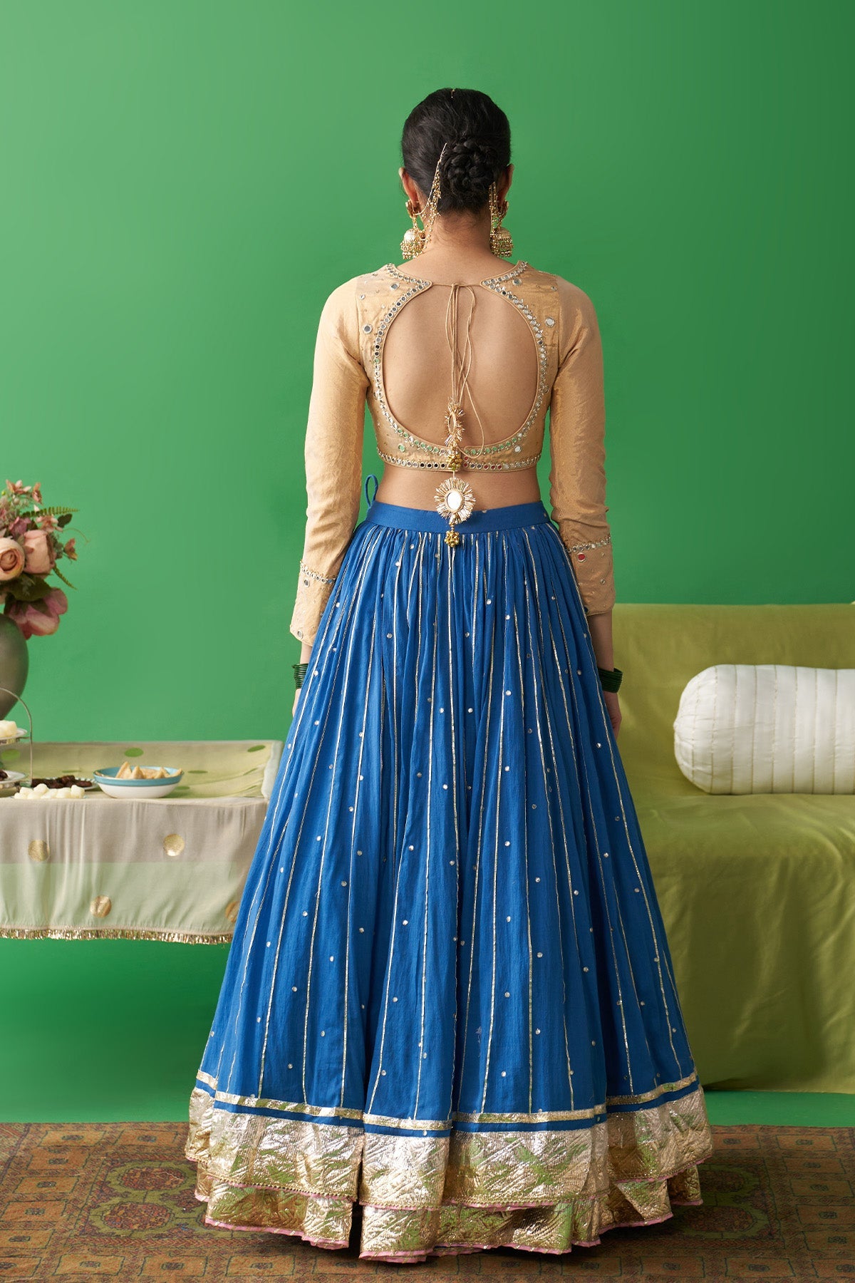 Jhoom Cobalt Blue double layer lehenga with embroidered gold blouse and embroidered chand dupatta (set of 3)