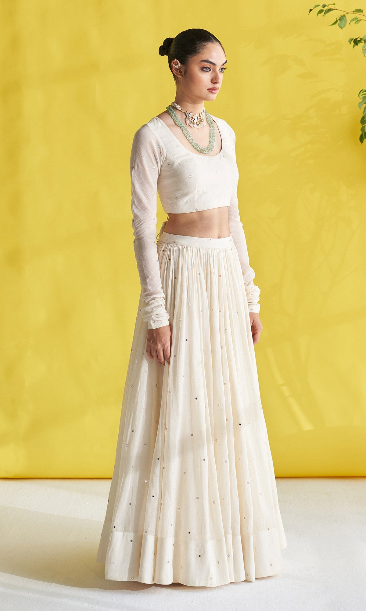 Gulmohar Ivory Lehenga With Blouse Paired With Chikankari Buti Dupatta (Set Of 3)