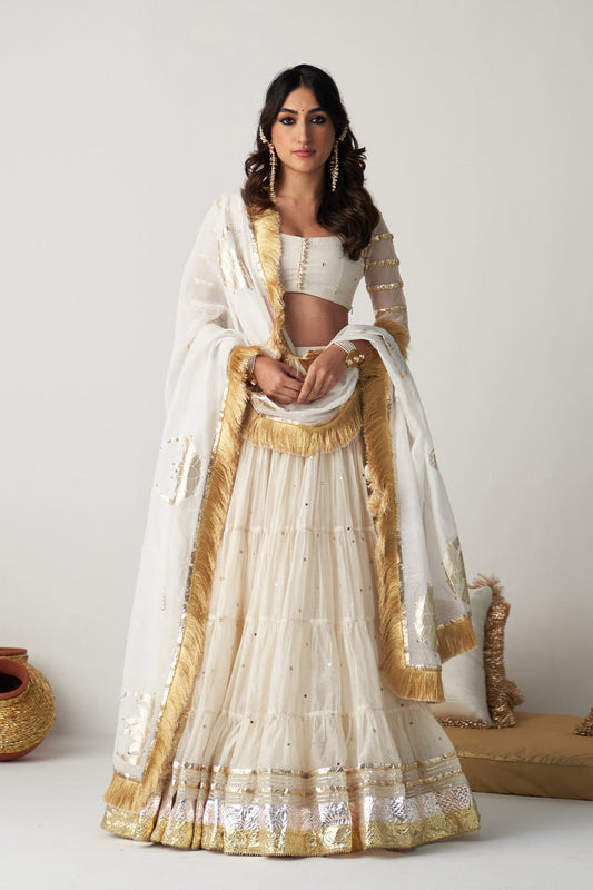 Pakeezah off white  tiered  lehenga with  blouse and  dupatta (set  of 3)