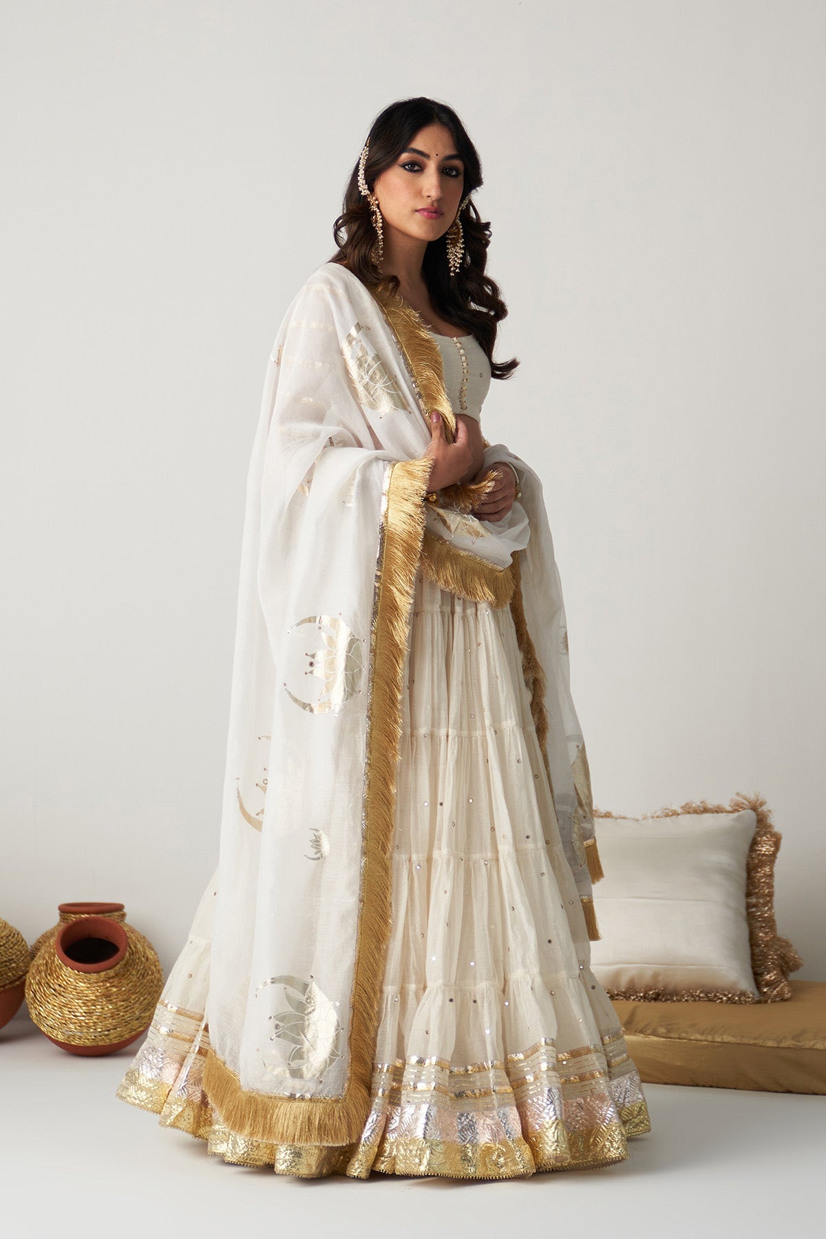 Pakeezah off white  tiered  lehenga with  blouse and  dupatta (set  of 3)