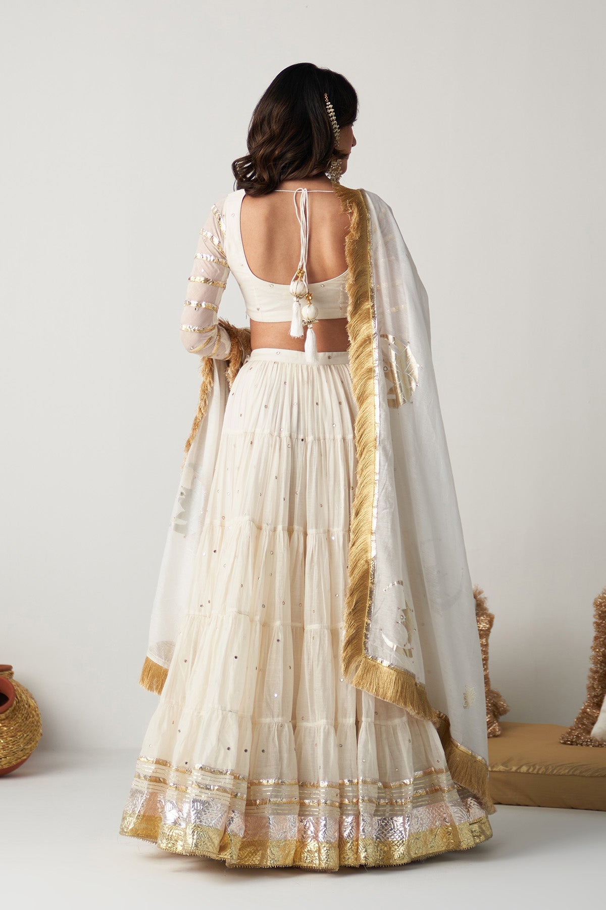 Pakeezah off white  tiered  lehenga with  blouse and  dupatta (set  of 3)