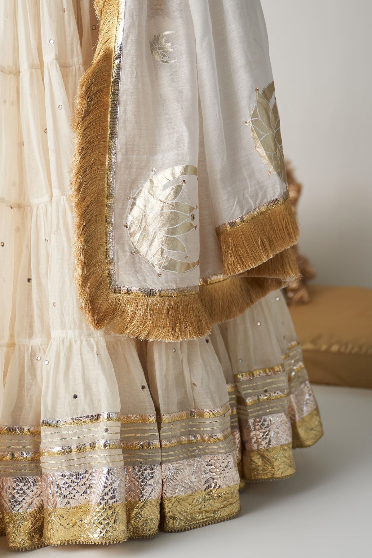 Pakeezah off white  tiered  lehenga with  blouse and  dupatta (set  of 3)