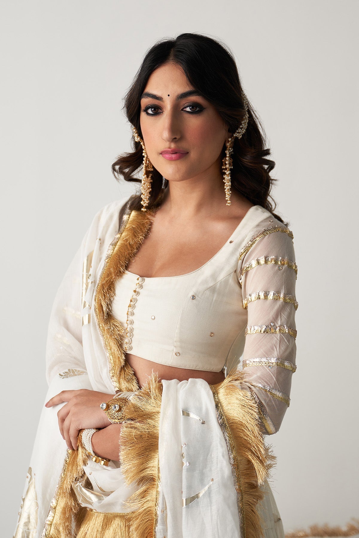 Pakeezah off white  tiered  lehenga with  blouse and  dupatta (set  of 3)