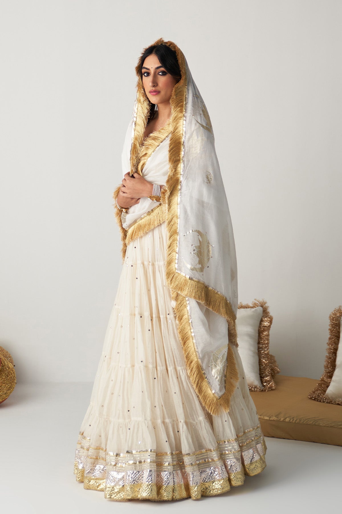 Pakeezah off white  tiered  lehenga with  blouse and  dupatta (set  of 3)