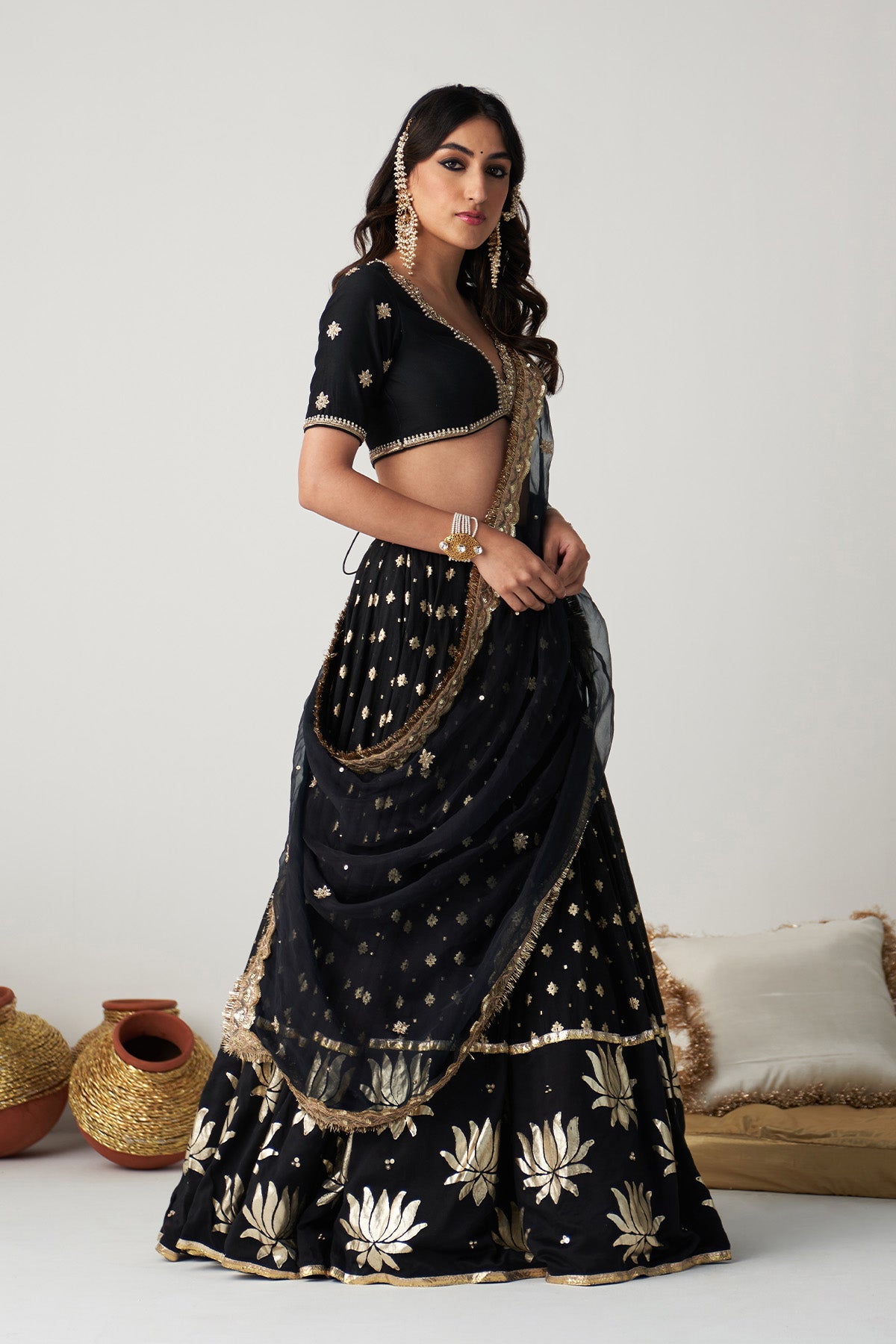 Pakeezah Black foil lehenga  with blouse  and dupatta (set of 3)