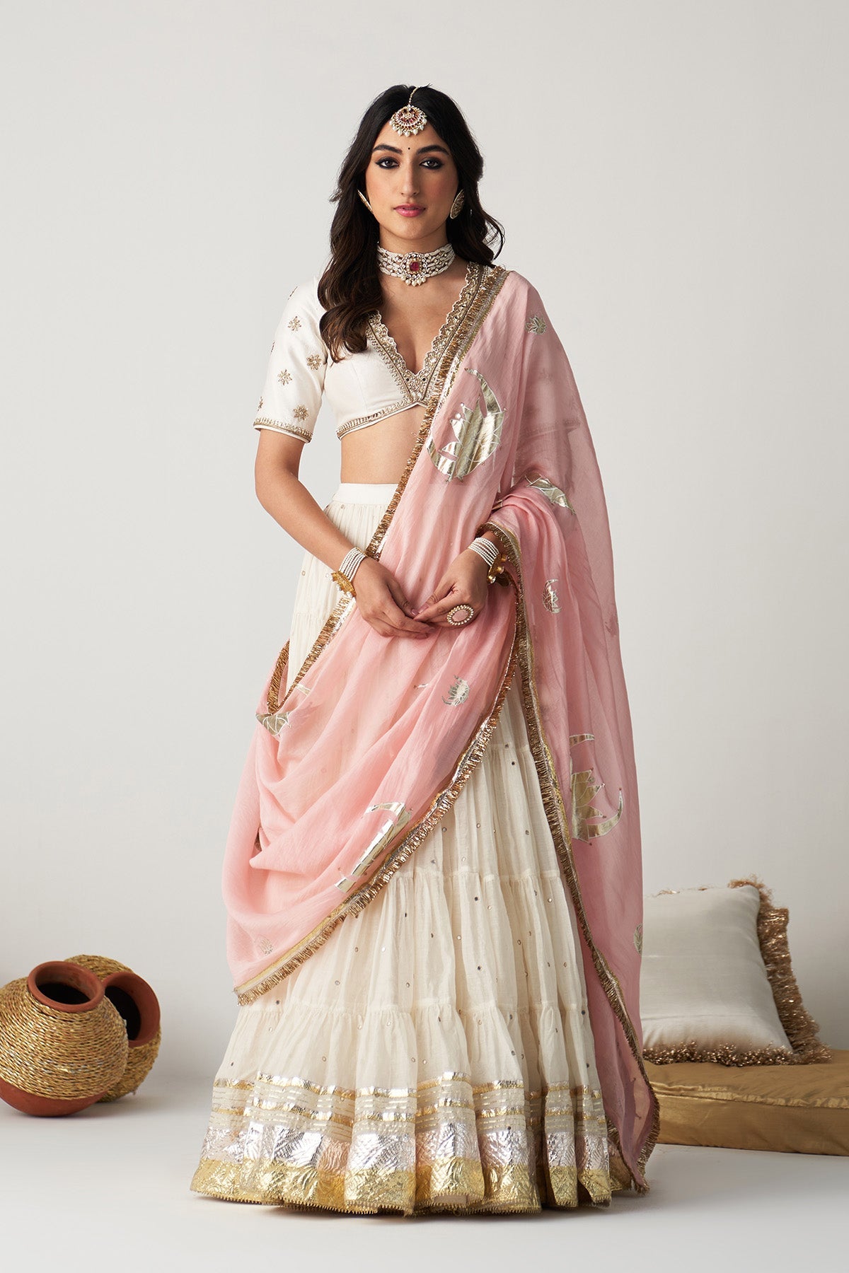 Pakeezah off white Tiered  lehenga with  embroidered blouse  and dusty  pink dupatta   (set of 3)
