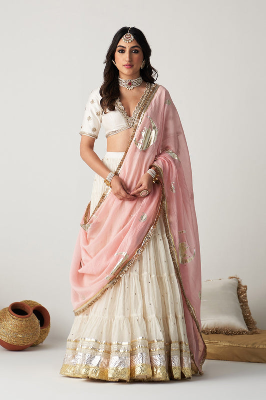 Pakeezah off white Tiered  lehenga with  embroidered blouse  and dusty  pink dupatta   (set of 3)