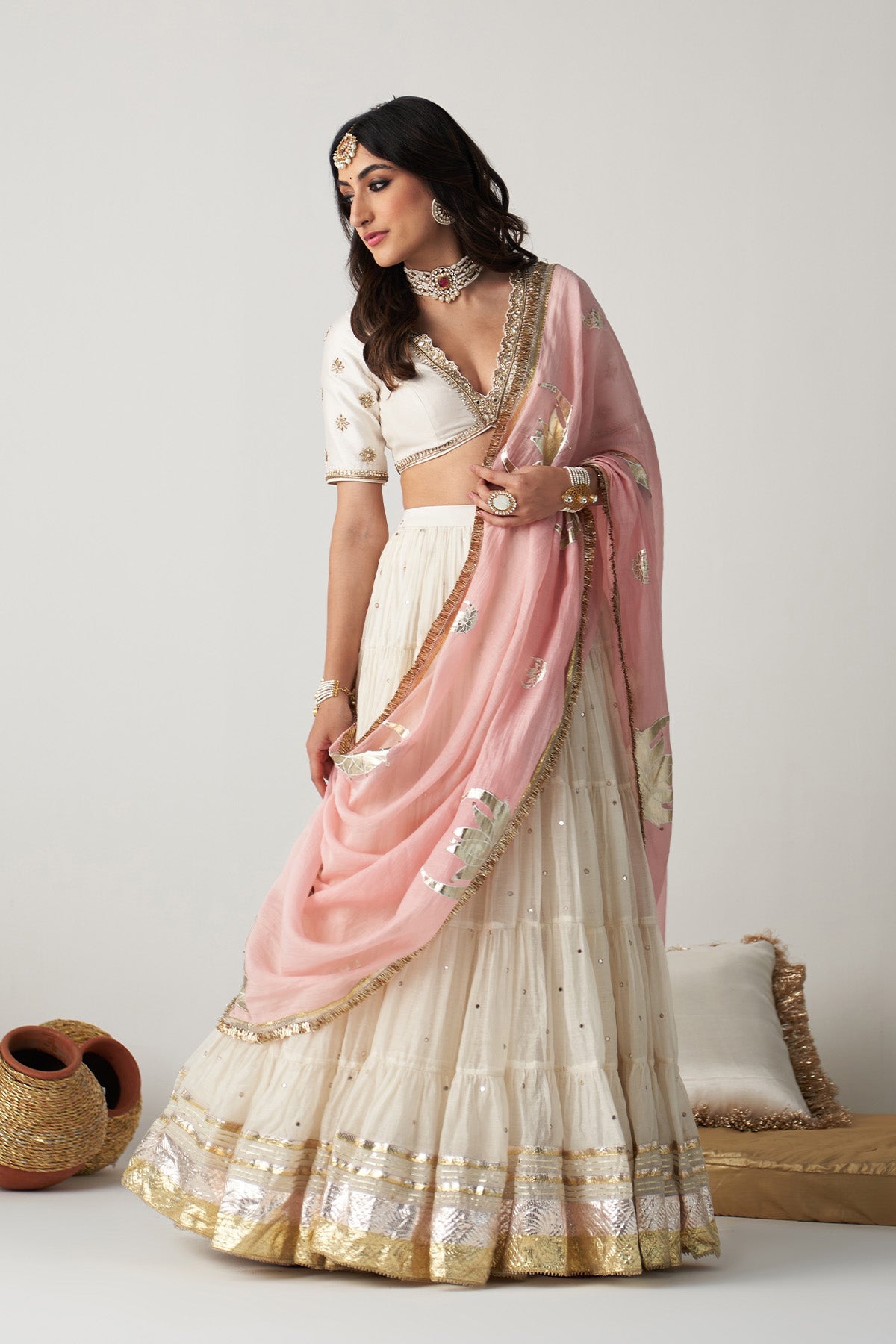Pakeezah off white Tiered  lehenga with  embroidered blouse  and dusty  pink dupatta   (set of 3)