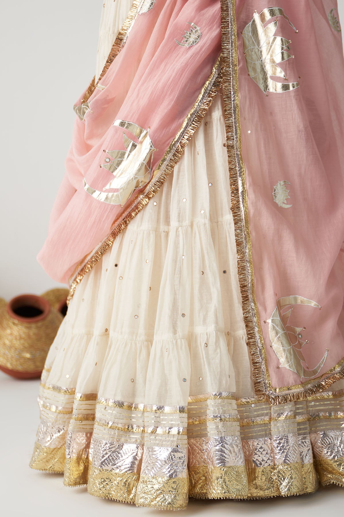 Pakeezah off white Tiered  lehenga with  embroidered blouse  and dusty  pink dupatta   (set of 3)