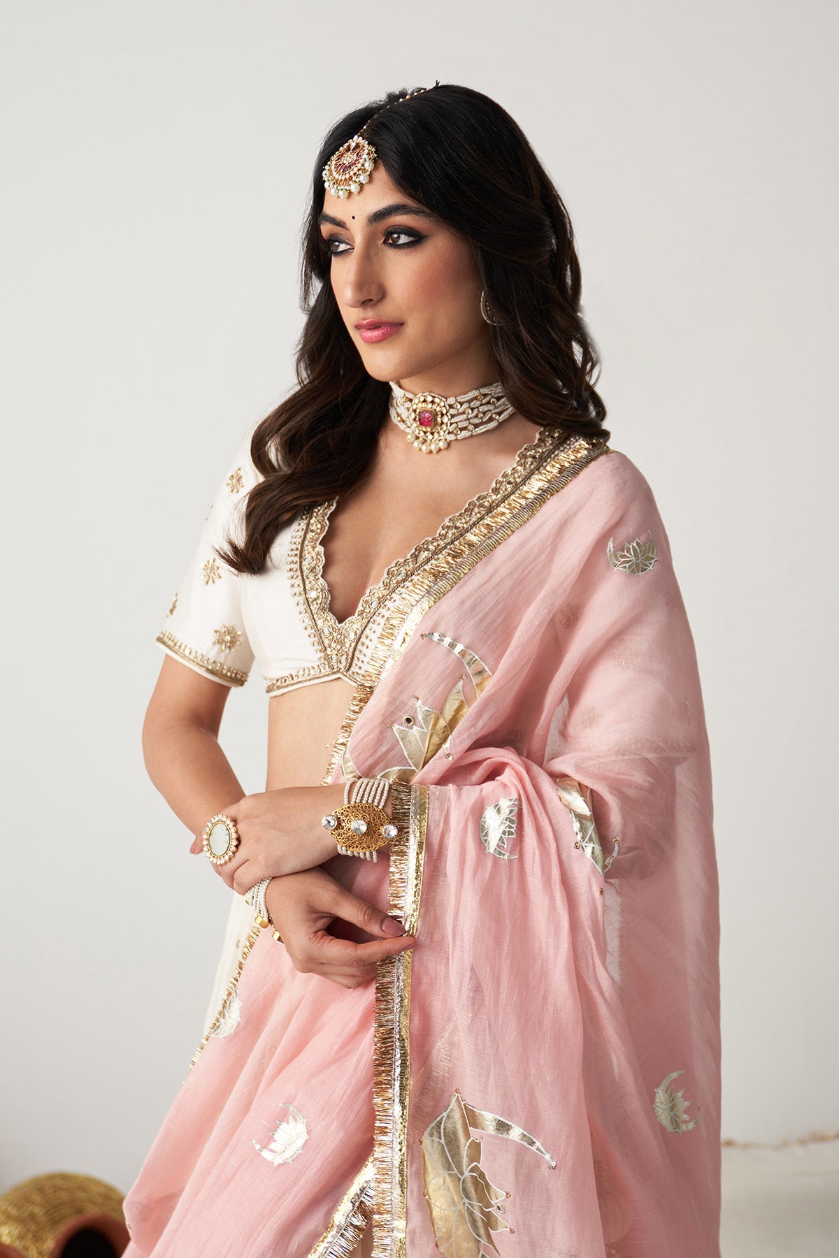 Pakeezah off white Tiered  lehenga with  embroidered blouse  and dusty  pink dupatta   (set of 3)