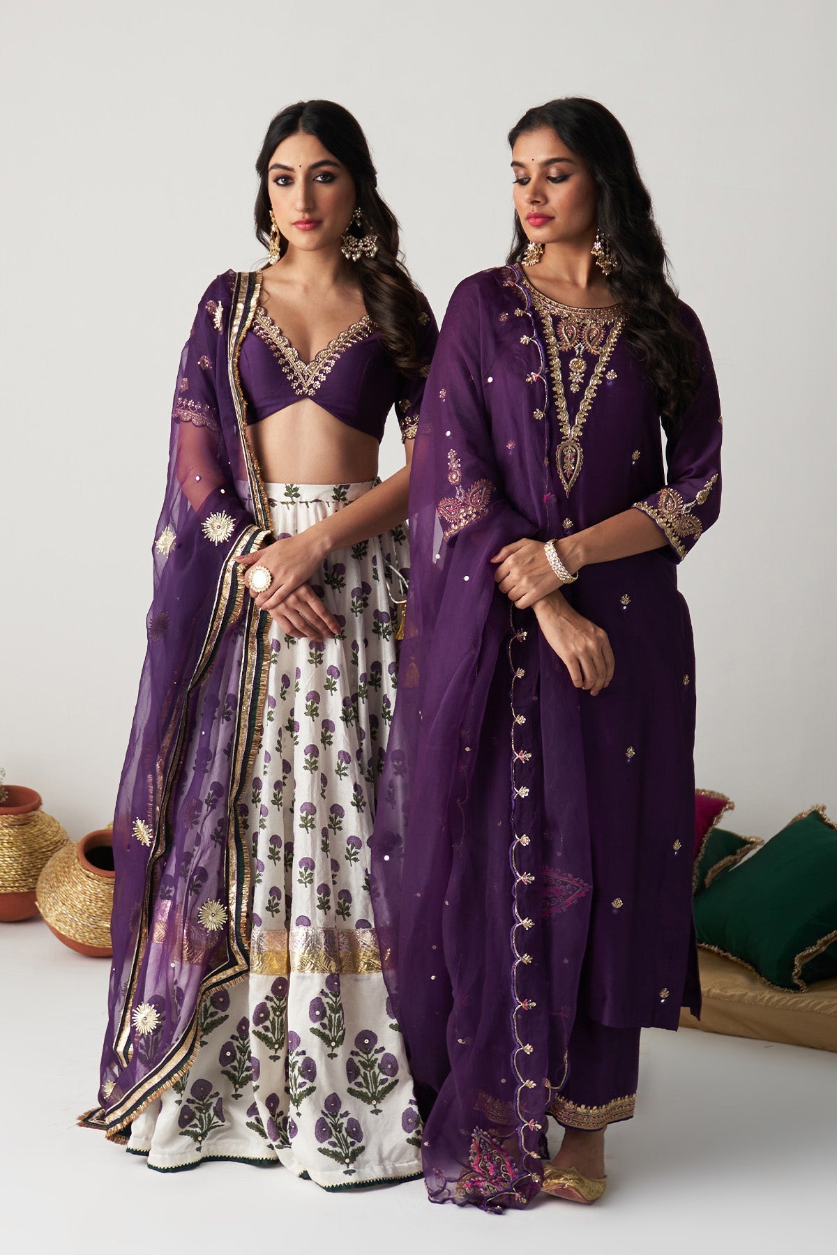 Pakeezah off white with purple block printed lehenga with  blouse and  dupatta (set  of 3)