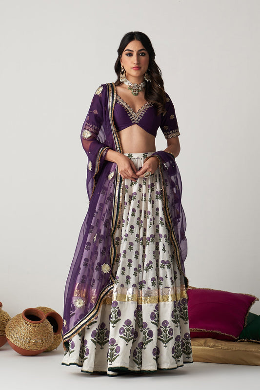 Pakeezah off white with purple block printed lehenga with  blouse and  dupatta (set  of 3)