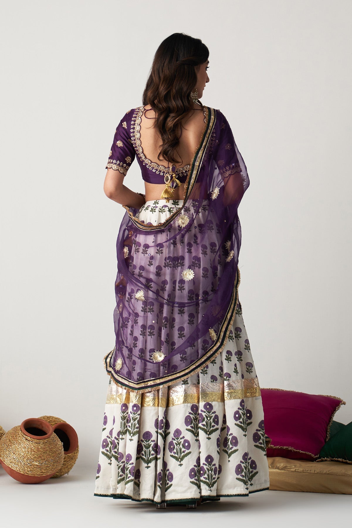 Pakeezah off white with purple block printed lehenga with  blouse and  dupatta (set  of 3)