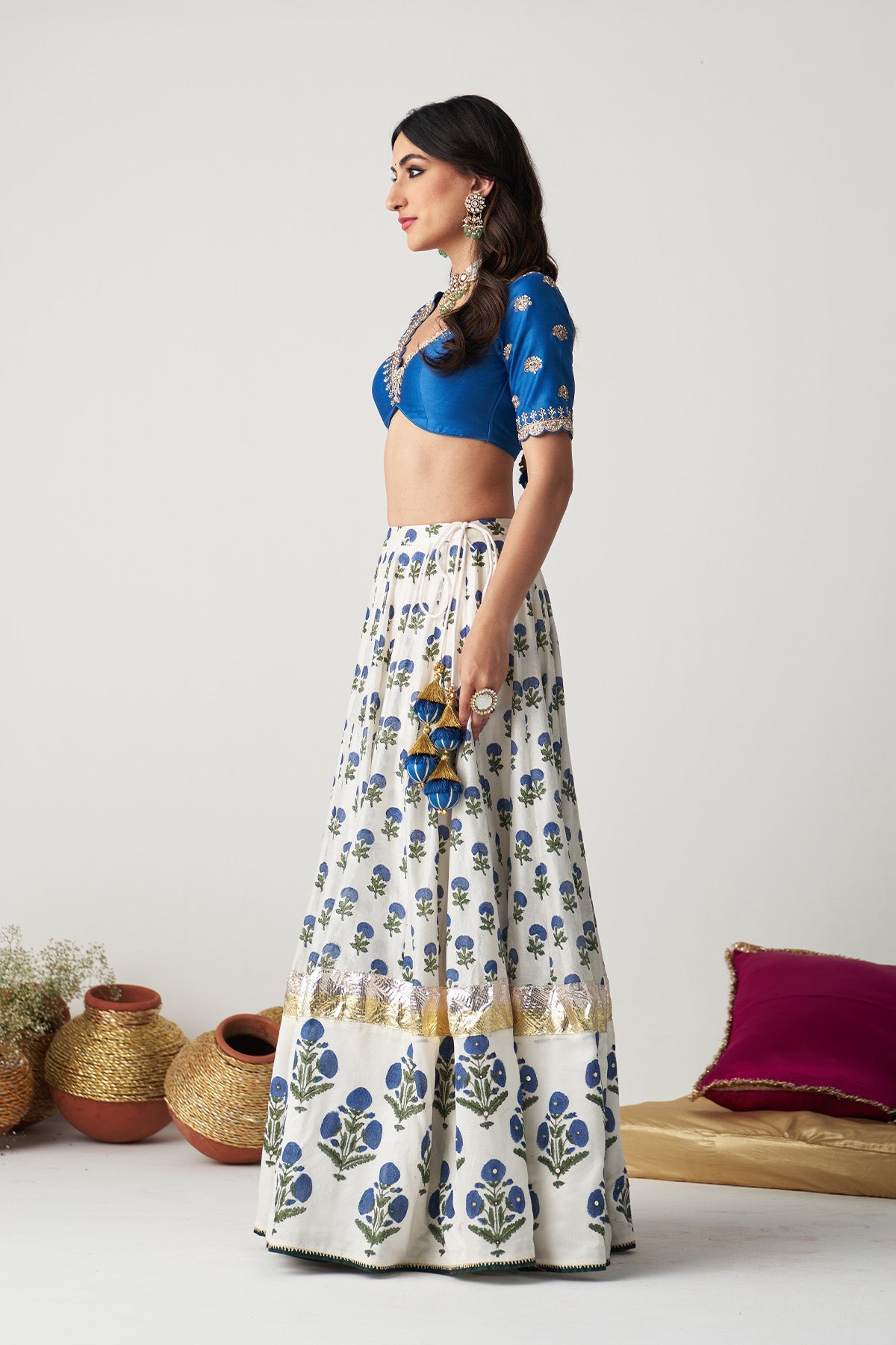 Pakeezah white with cobalt blue block printed  lehenga with  blouse and  dupatta (set  of 3)