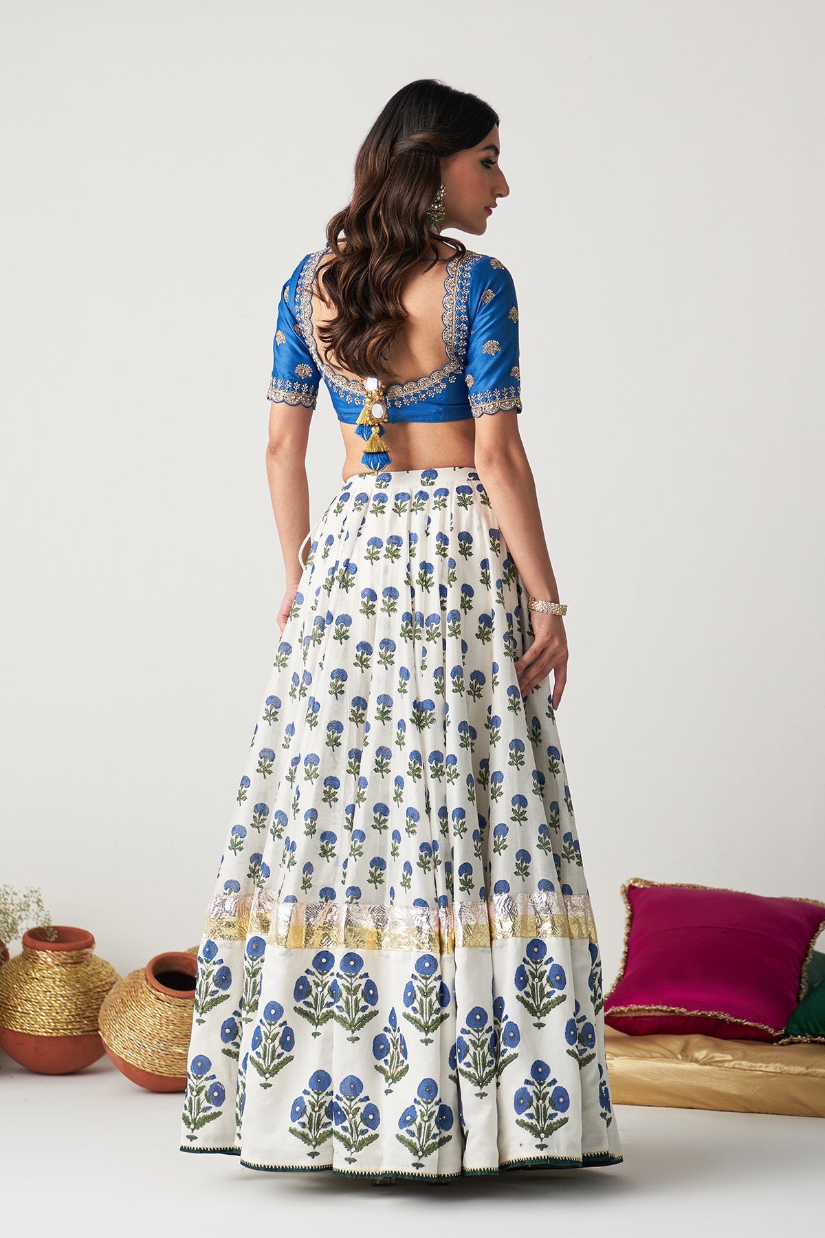 Pakeezah white with cobalt blue block printed  lehenga with  blouse and  dupatta (set  of 3)